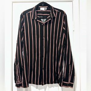 ASOS Designs - Camp collar striped long sleeve shirt (Black / Brown) Size M